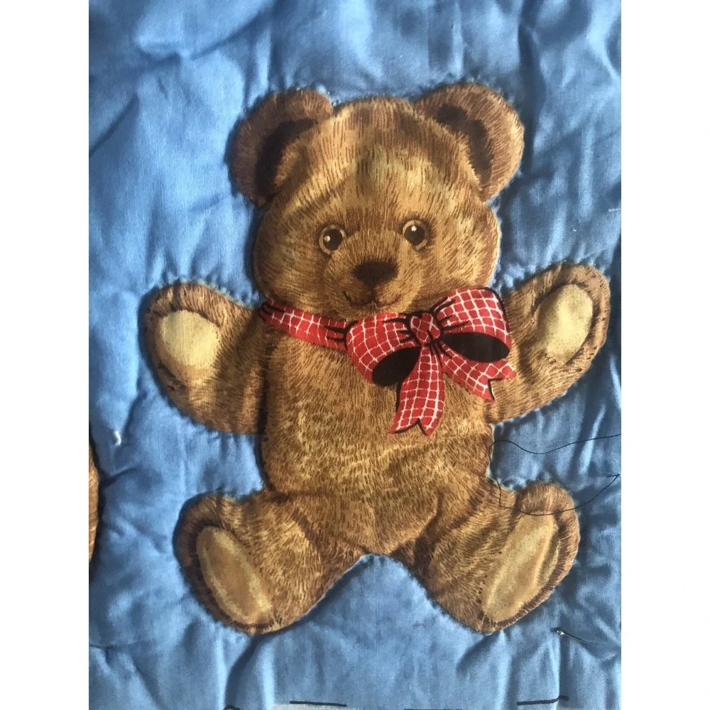 Baby Quilt Top Teddy Bears UNFINISHED Cotton Fabric 38x44 Blue & Red Quilted
